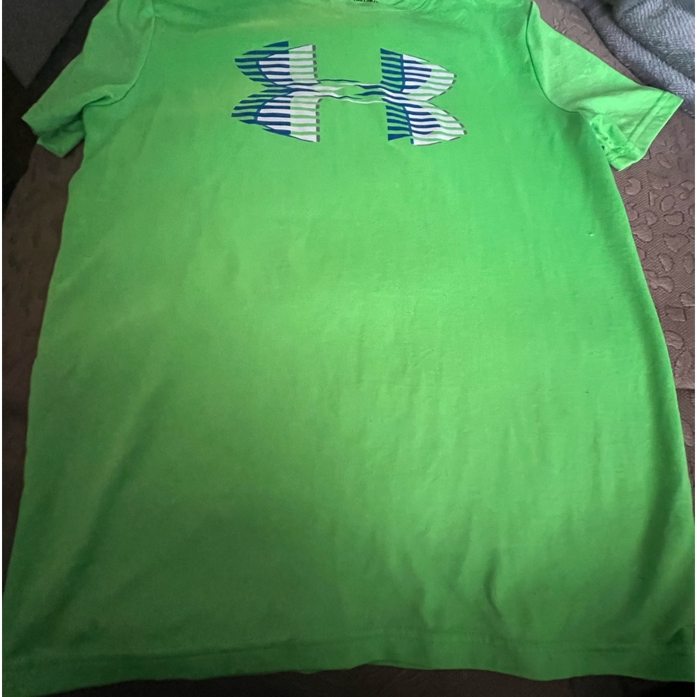Boys size medium under armor lime green  with blue white and gray under armor